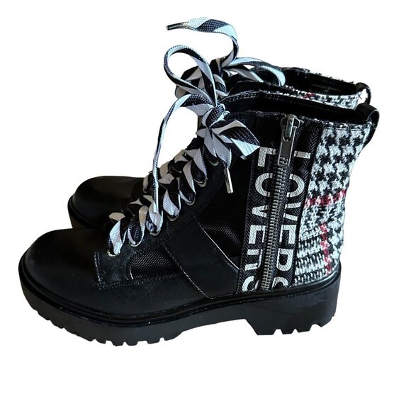 Steve Madden Boots Women's Size 6M Lennox Combat Leather Plaid Stripe Lace Black - Picture 2 of 9